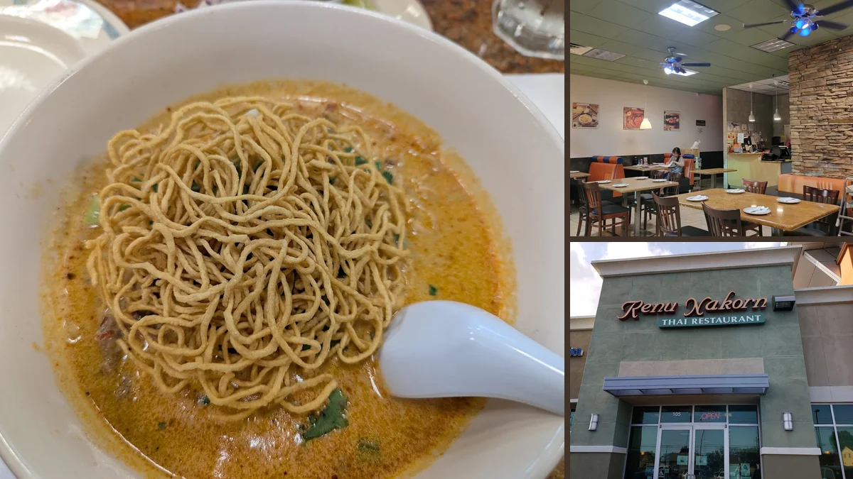 Warm interior with seating for dine-in meals.